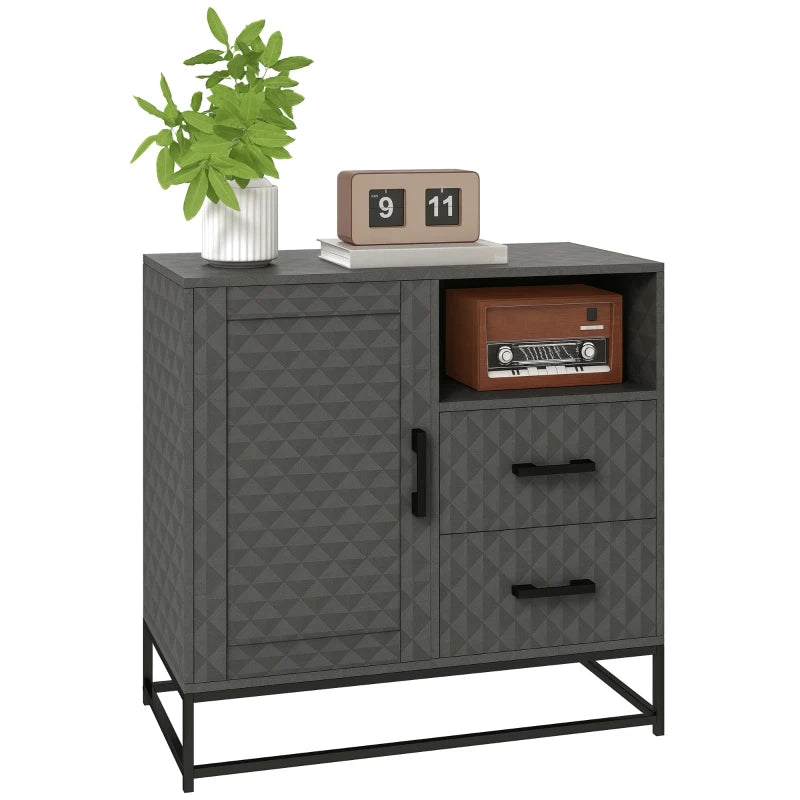 Modern Grey Sideboard Storage Cabinet with Adjustable Shelf, Open Compartment & 2 Drawers - Freestanding Furniture for Living Room
