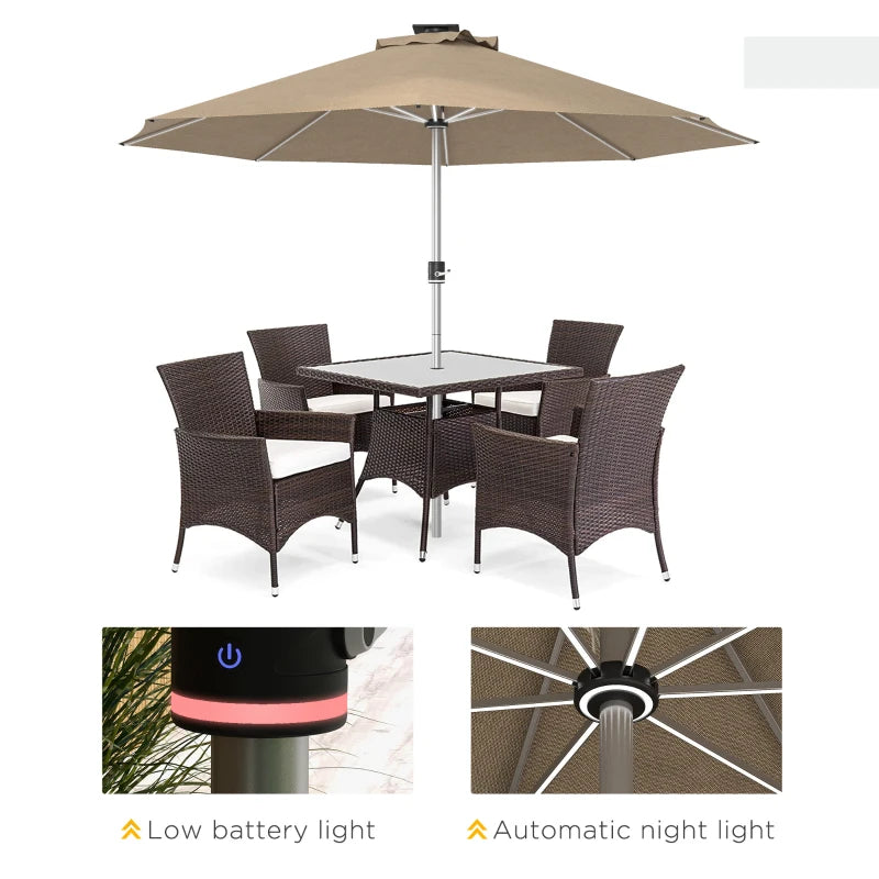 Khaki 3m Patio Umbrella with Solar-Powered LED Lights