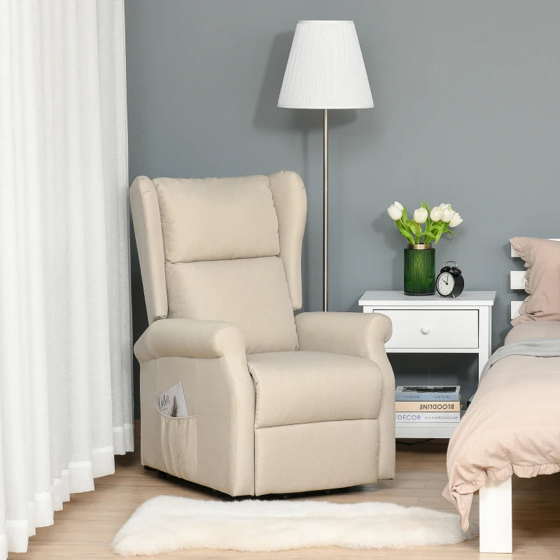 Electric Lift Recliner Armchair for Elderly - Fabric Riser Chair with Remote, Side Pockets, Extended Footrest, Beige
