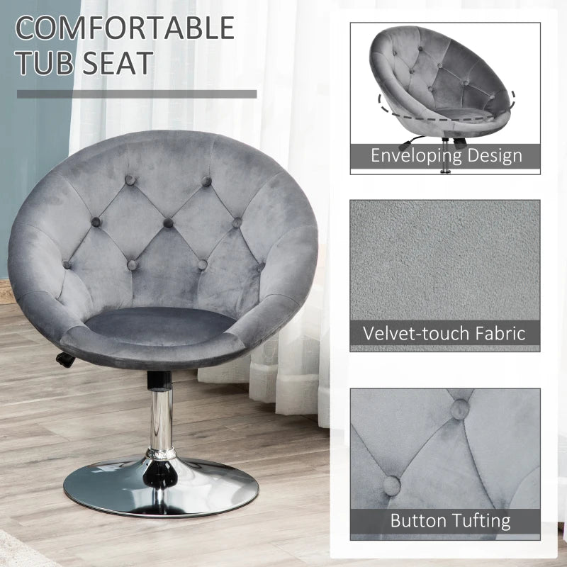 Swivel Velvet Upholstered Dressing Stool - Adjustable Height Makeup Chair with Button Tufting & Thick Padding - Grey