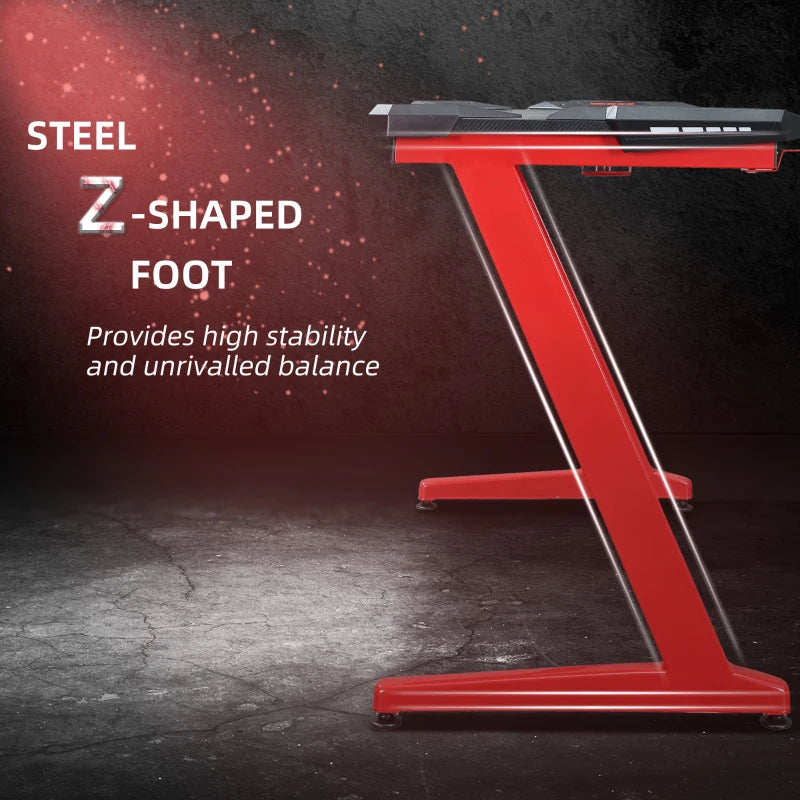 Carbon Fibre Gaming Desk 122x66 cm - Black & Red Gamer Workstation with Headphone Hook, Cup Holder & Gamepad Storage