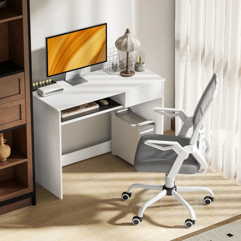 Vinsetto Home Office Chair & Desk Set - Ergonomic Mesh Chair with Flip-up Armrests, Study Desk with Keyboard Tray, White & Grey