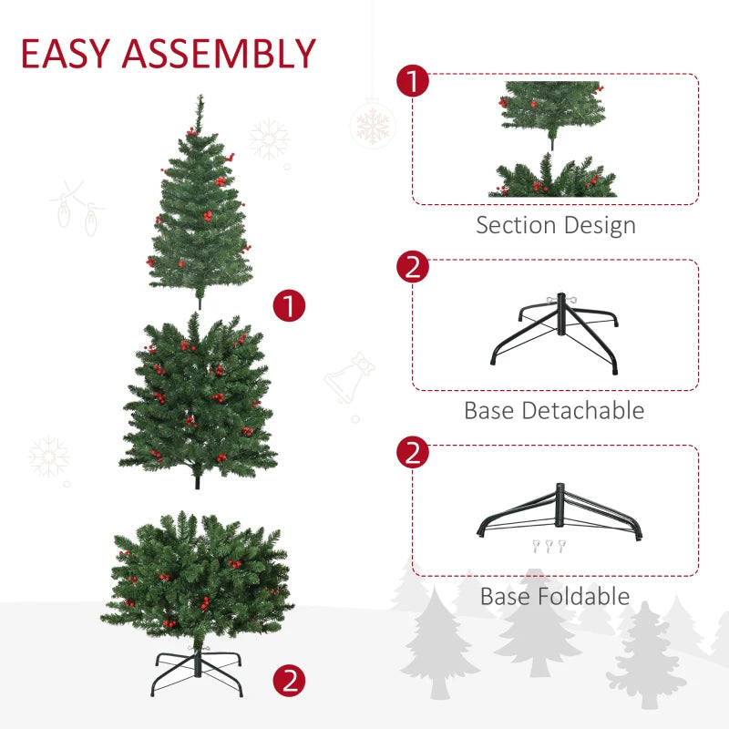 6FT Prelit Artificial Pencil Christmas Tree with Warm White LED Lights & Red Berries - Festive Holiday Home Decoration