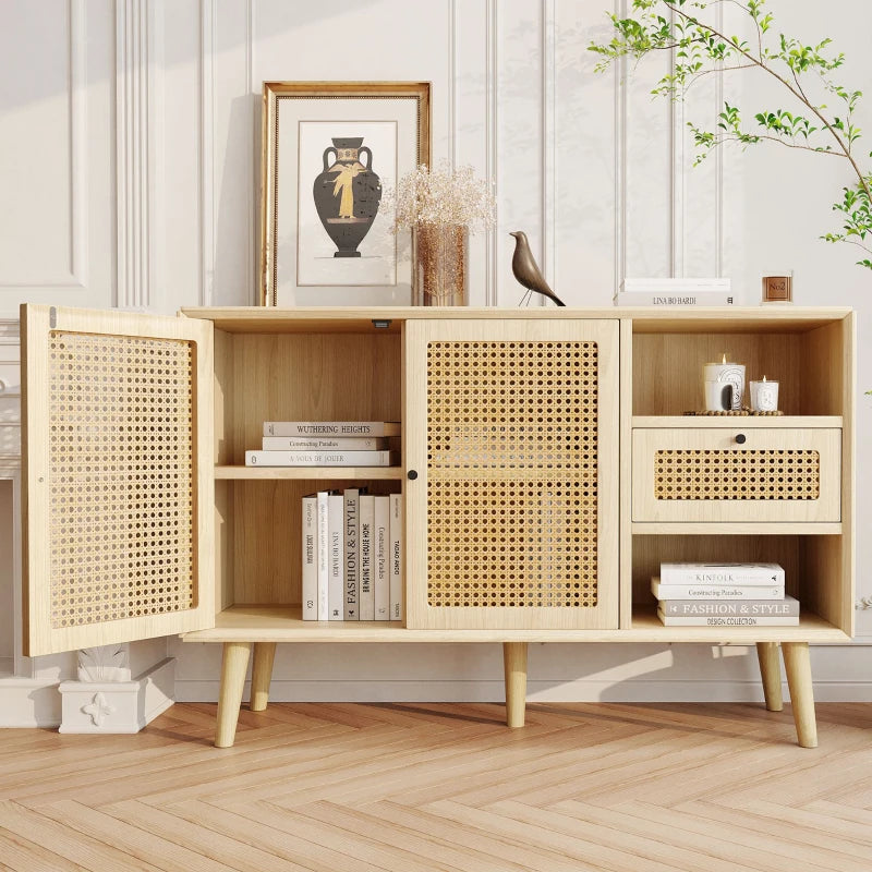 Modern Light Oak Sideboard with Woven Doors, Drawers & Unique Legs - 120L x 40W x 80H cm, Stylish Storage Solution