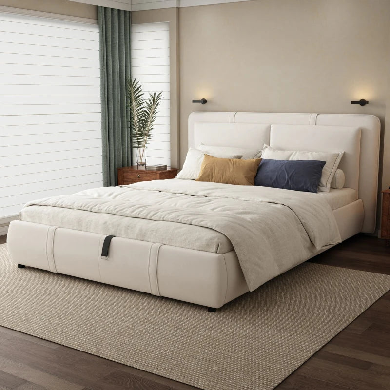 Upholstered Double Bed with Hydraulic Storage & Headboard - Full-Size Beige Bed for Bedding Storage, 210x159x90 cm