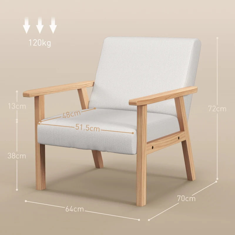 Stylish Cream White Accent Chair with Thick Linen Cushions and Wooden Frame for Home and Office