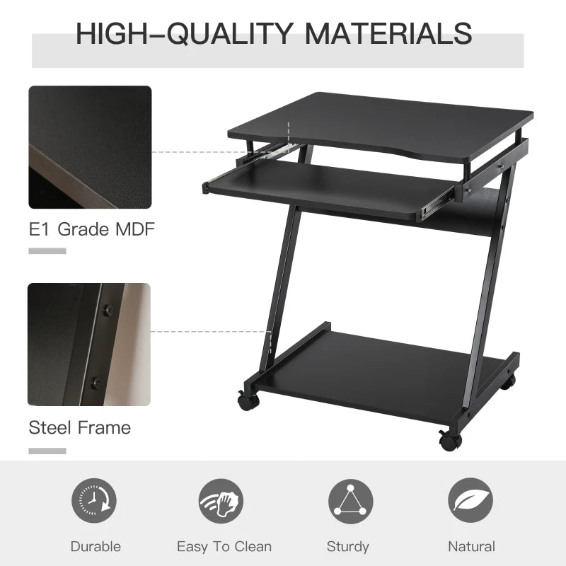 Movable Black Computer Desk with 4 Wheels & Sliding Keyboard Tray - Ideal Home Office Workstation
