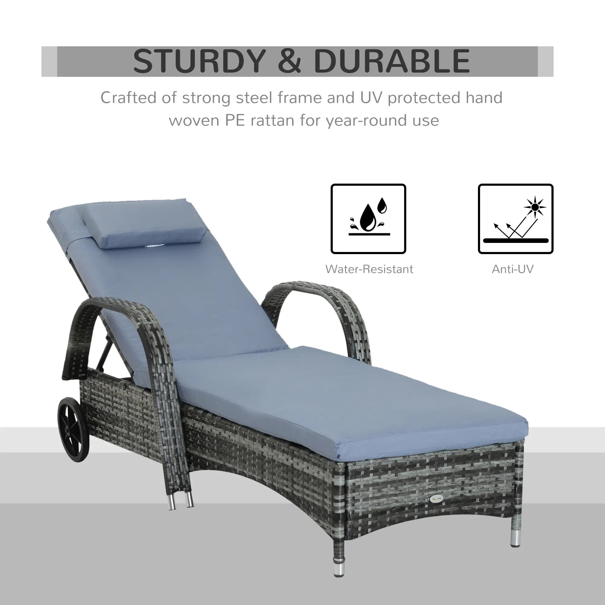2 Piece Rattan Sun Lounger Recliner Set - Adjustable Headrest with Fire Retardant Cushions