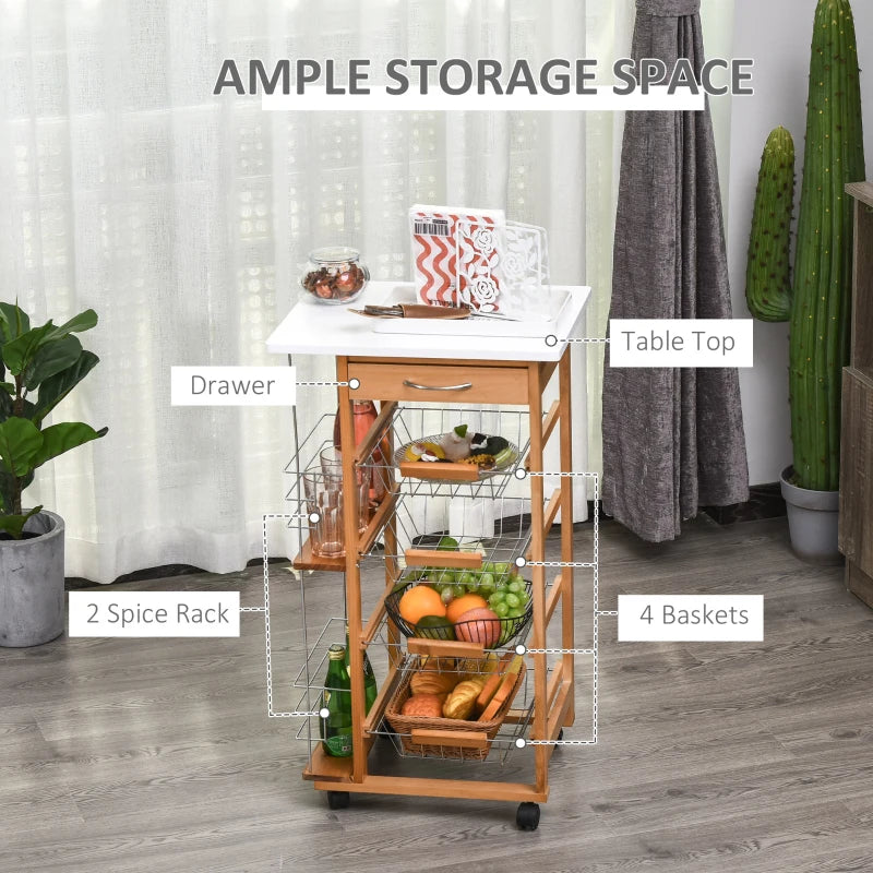 Rolling Kitchen Cart with 4 Basket Drawers & Side Racks - Utility Storage on Wheels for Dining Room, Brown Finish