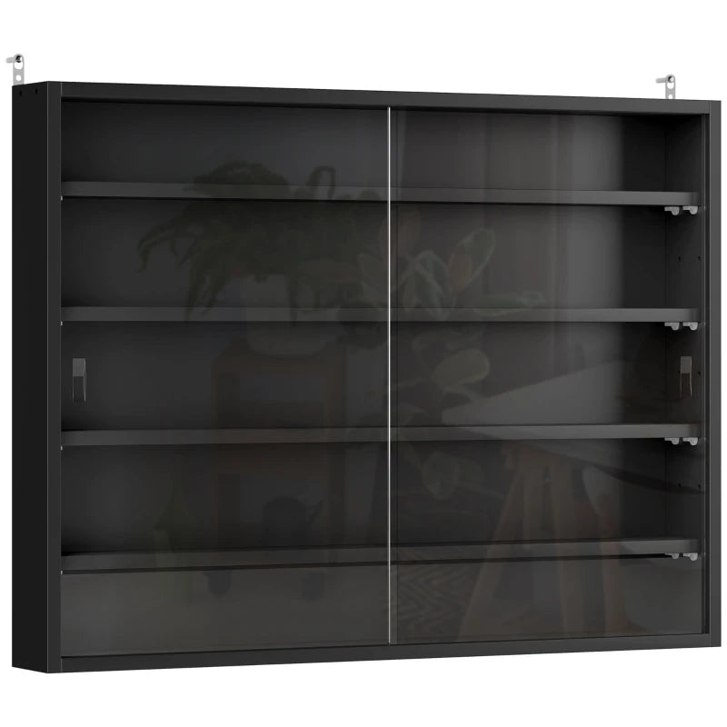 5-Tier Adjustable Wall Display Shelf Unit with Glass Doors - Black Cabinet for Home Office Ornaments, 60x80cm
