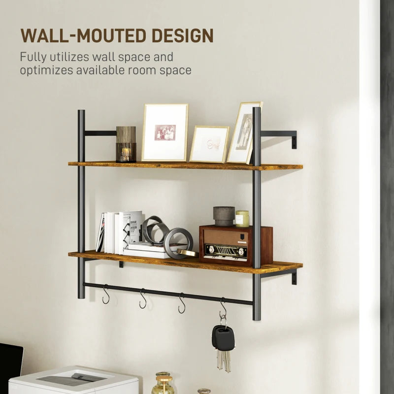 Rustic Wall Mounted Floating Shelves with 4 Hooks - Stylish Shelf Unit for Living Room & Entryway - Rustic Brown Finish