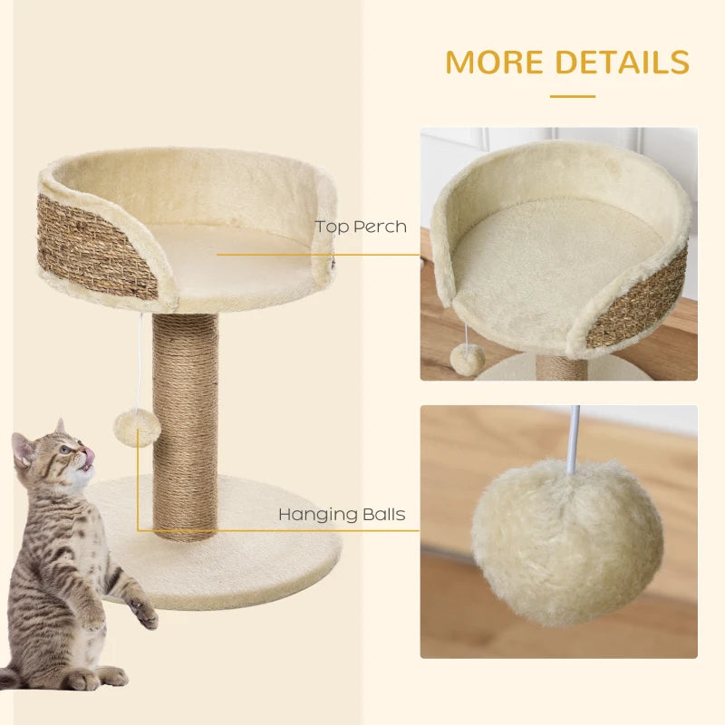 Beige Cat Tree & Scratching Post for Indoor Cats - Kitten Play Tower with Climbing Stand & Dangling Ball