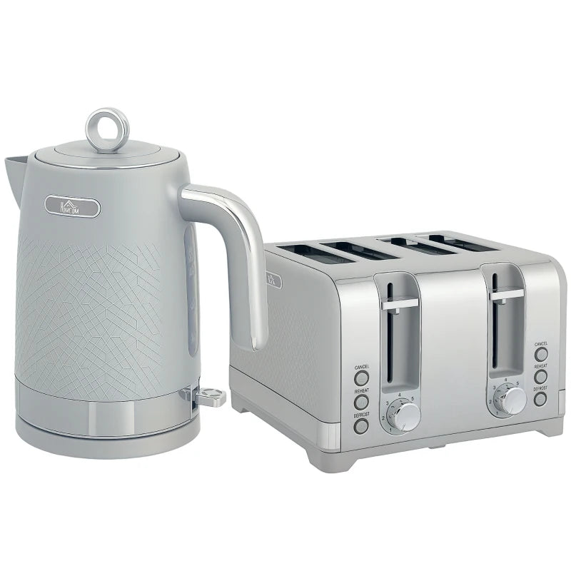 Sleek Grey Textured Kettle & Four-Slice Toaster Set - Modern Kitchen Appliances for Stylish Cooking