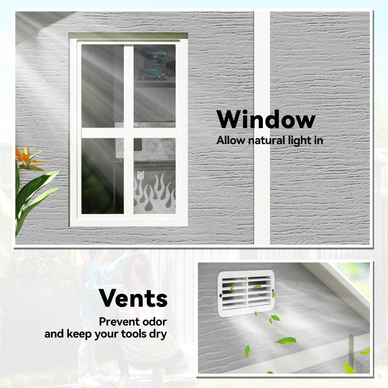 6ft x 6ft Garden Shed with Floor, Windows, Lockable Doors and Vents - Wood Effect Resin Tool Shed for Outdoor Patios
