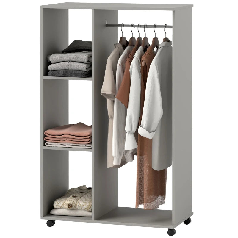 Mobile Open Wardrobe with Clothes Hanging Rail and Storage Shelves for Bedroom or Hallway Grey