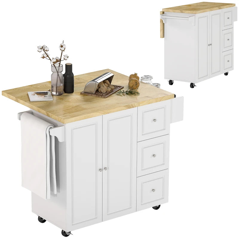 Drop-Leaf Kitchen Island on Wheels - Extendable Rubber Wood Worktop, Rolling Storage Trolley with Drawers & Cabinet, White