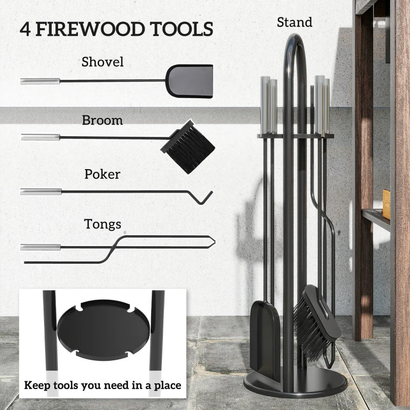 5-Piece Metal Fireplace Tools Set - Silver Fireside Accessories with Broom, Shovel, Poker & Bucket for Home Decor