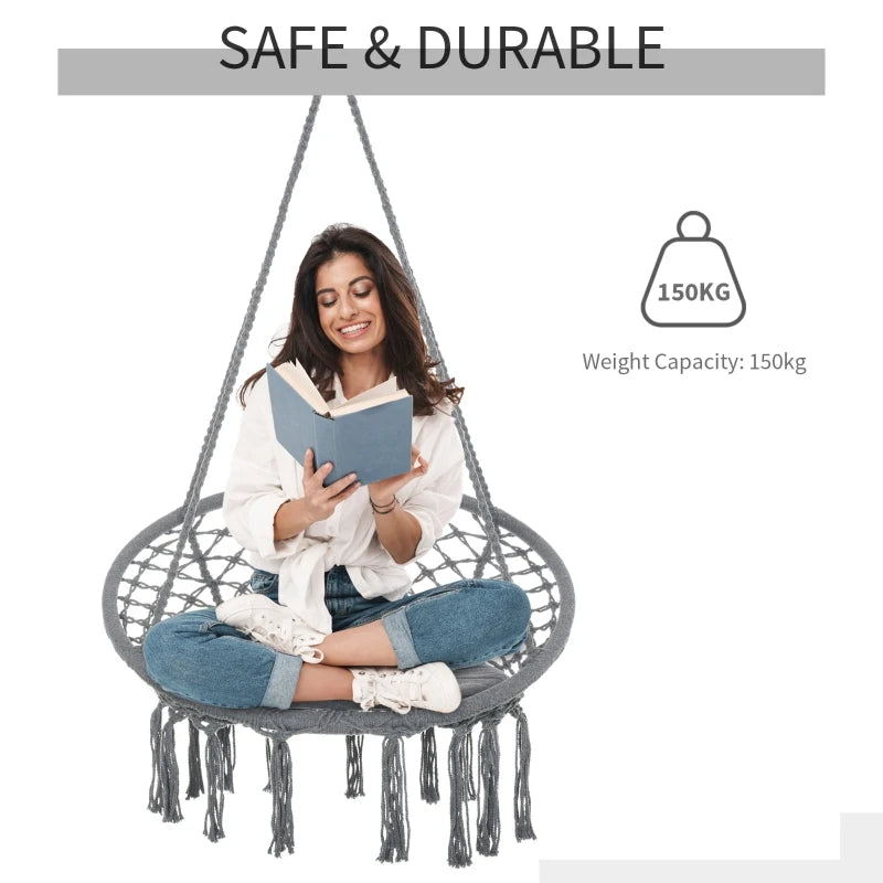 Grey Macrame Hanging Rope Chair with Cushion for Outdoor Patio