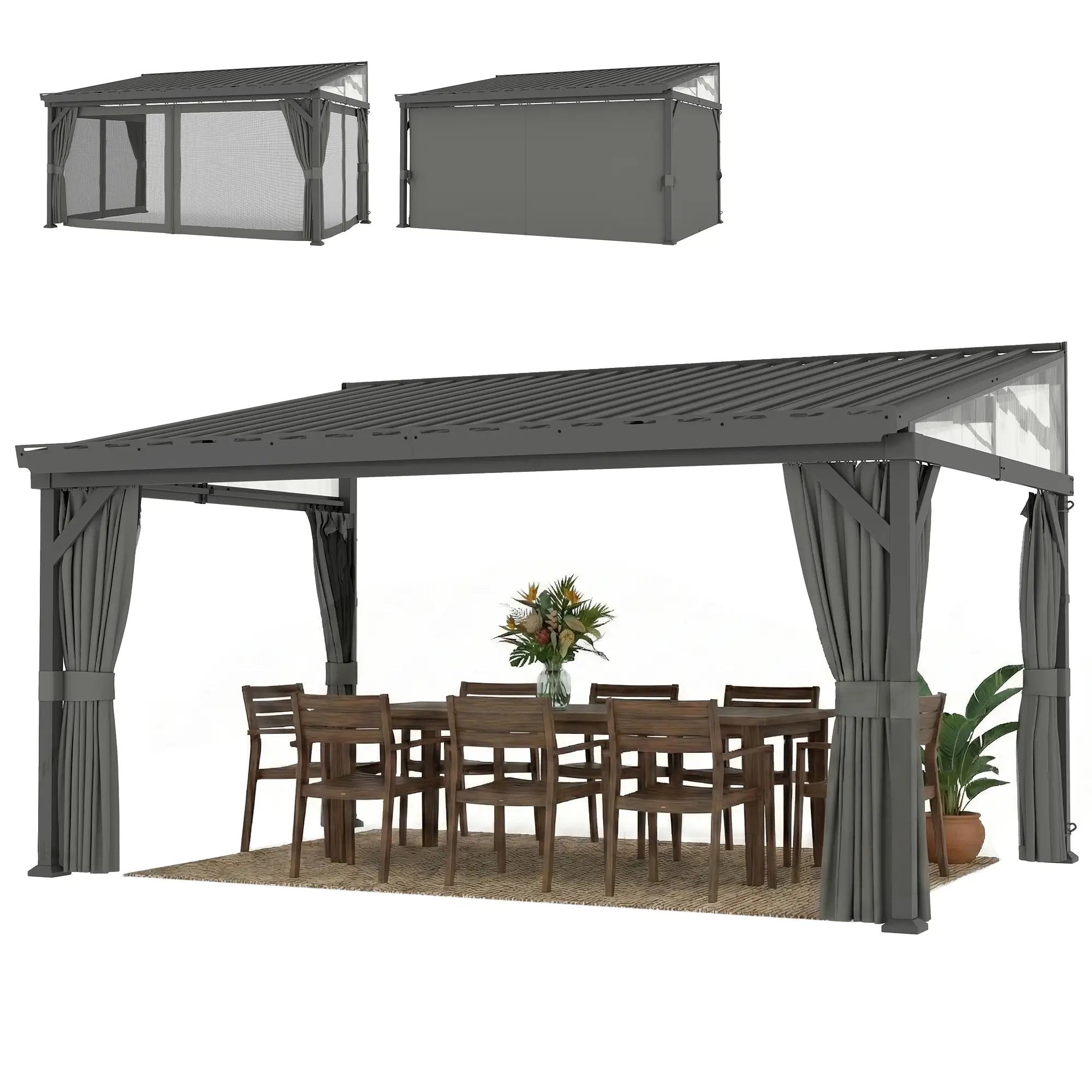 4.3m x 3m Lean-To Garden Pergola with Galvanised Steel Roof – Dark Grey Patio Gazebo with Netting Curtains for All-Weather Outdoor Living