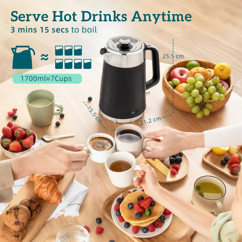 Electric Stainless Steel Kettle & Toaster Set - 3000W Fast Boil 1.7L Kettle with Limescale Filter & 4 Slice Toaster - Black