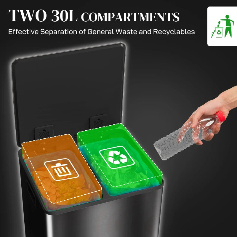 60L Dual Compartment Stainless Steel Trash Bin with Deodoriser Holders - Stylish Black Waste Management Solution