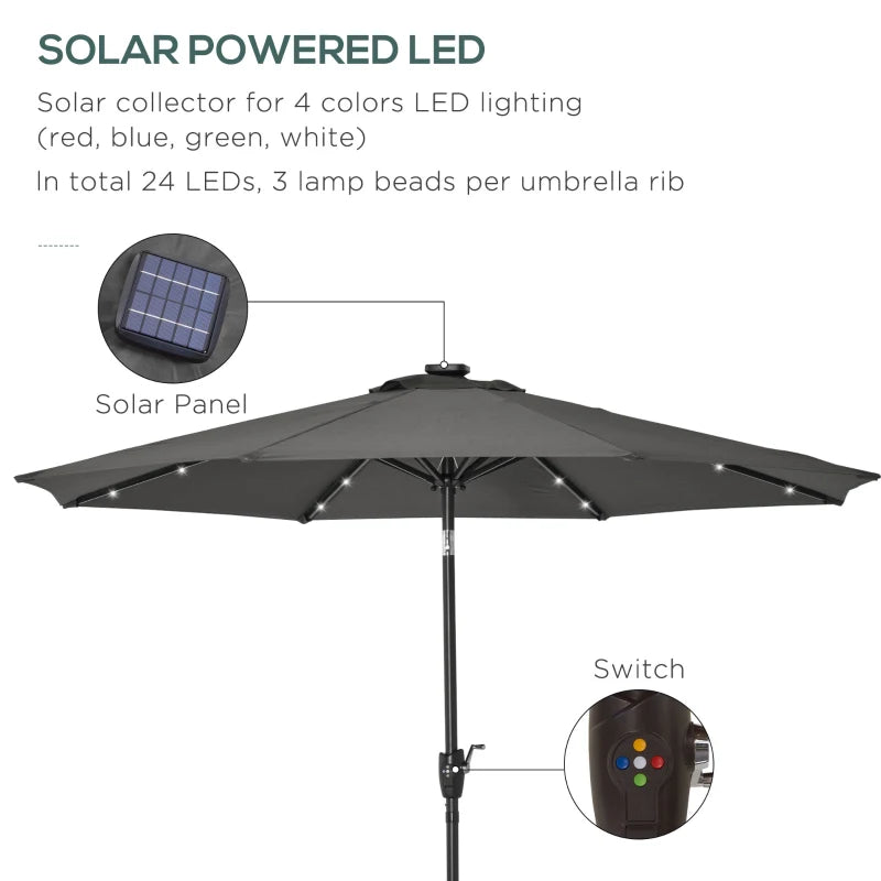 Grey Solar LED Light Patio Umbrella with Hand Crank