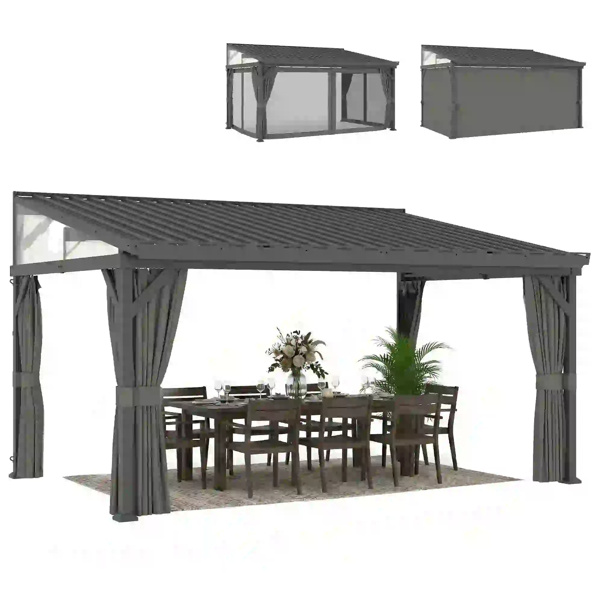 4.3m x 3m Lean-To Garden Pergola with Galvanised Steel Roof – Dark Grey Patio Gazebo with Netting Curtains for All-Weather Outdoor Living