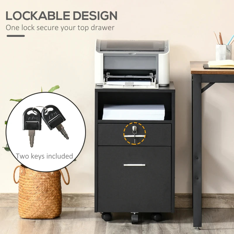 Vinsetto Lockable Two-Drawer Filing Cabinet on Wheels - Stylish Black Storage Solution for Home Office Organization