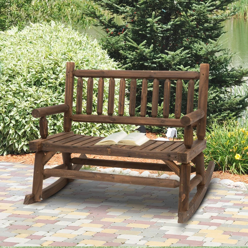 Rustic Style Dark Brown Wood Rocking Loveseat Bench