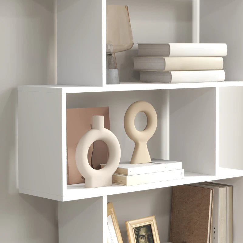 6-Tier S-Shaped Bookcase - Modern White Storage Unit & Display Shelf for Living Room, Bedroom, Home Office, Plants