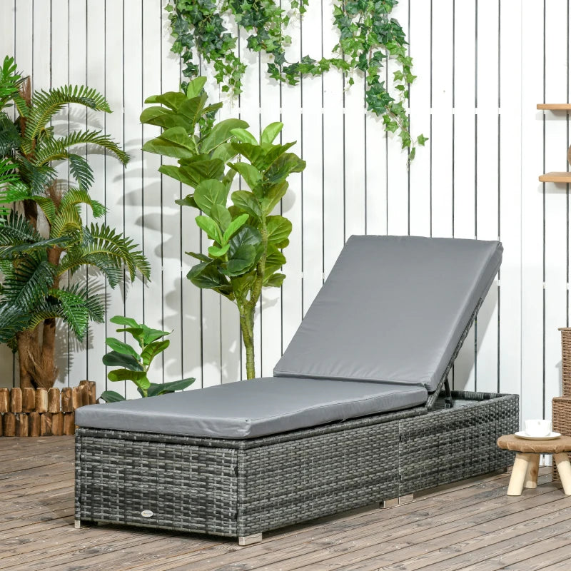Grey Rattan Sun Lounger with Adjustable Recliner and Cushion