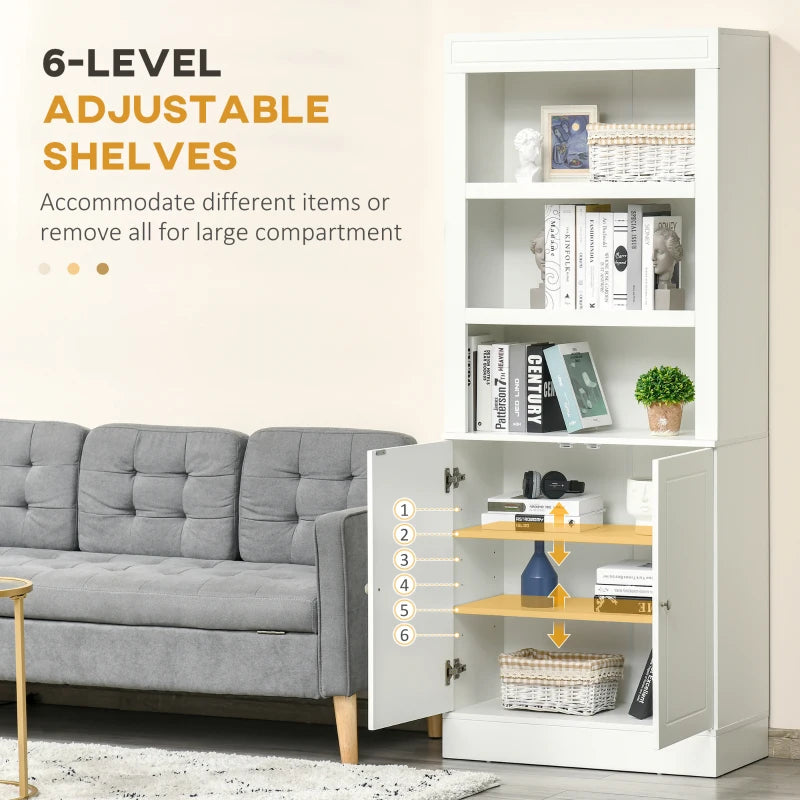 6-Tier Kitchen Cupboard - Freestanding Storage Cabinet with 3 Open Compartments & Double-Door Adjustable Shelves - White