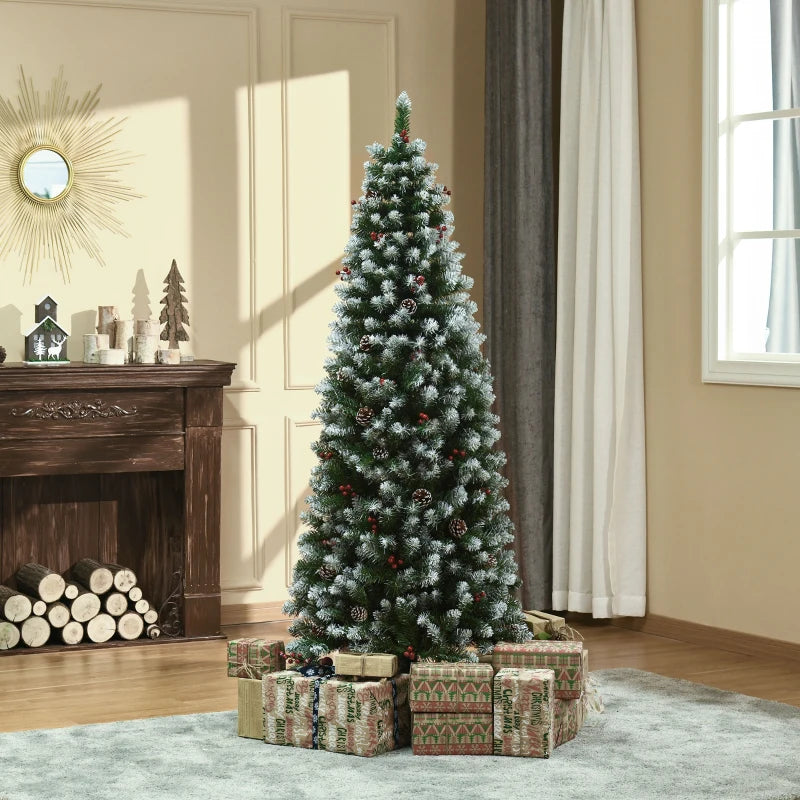 6FT Artificial Christmas Pencil Tree with Red Berries & Pinecones - Foldable Indoor Holiday Decoration, Green Xmas Tree