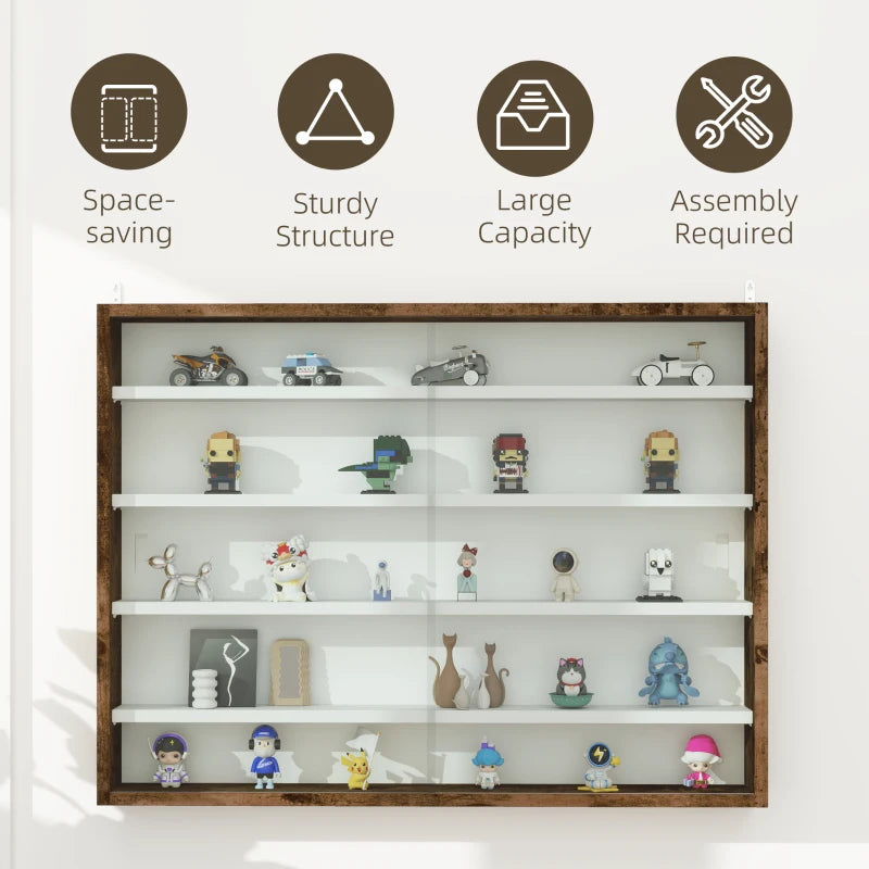Rustic 5-Tier Wall Display Shelf Unit with 4 Adjustable Glass Doors - 60x80cm Home Office Ornaments Storage