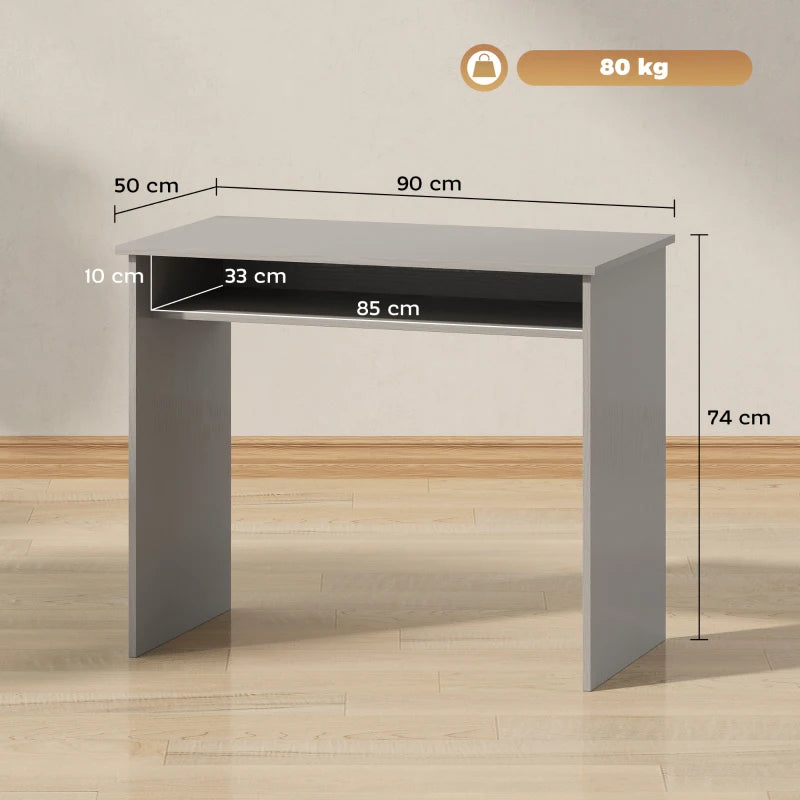 Modern Grey Computer Desk for Home Office - Small Writing Table with Storage Shelf, 90x50cm, Stylish & Functional