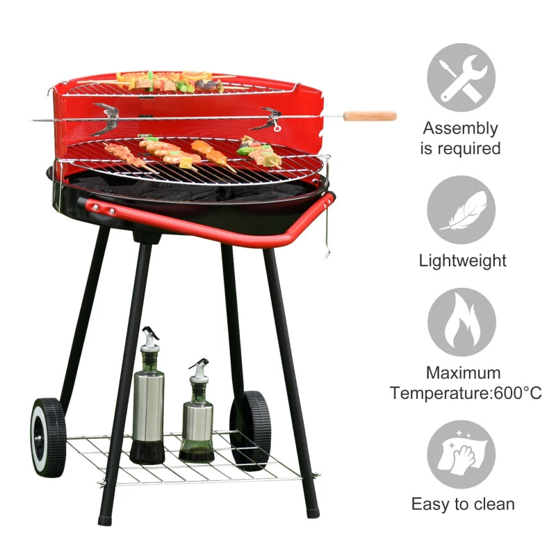 Portable Charcoal BBQ Grill with Wheels - Red/Black, 75.5 x 50 x 82 cm