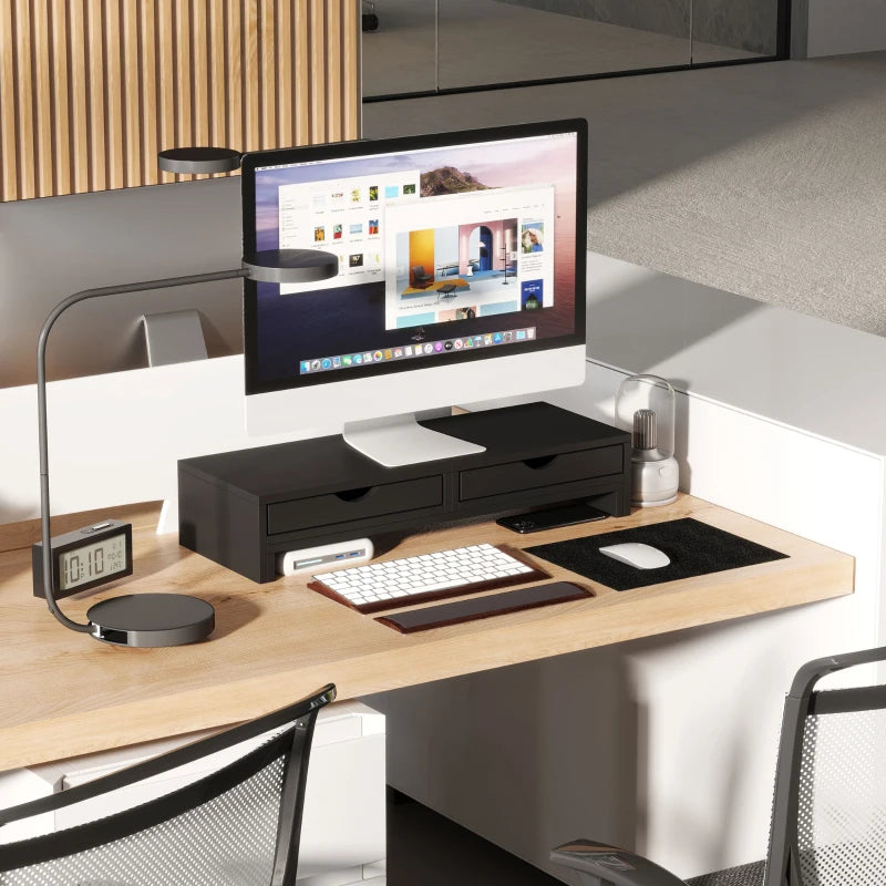 Dual Monitor Stand Riser with 2 Drawers - Adjustable Length & Angle, 116cm for Laptop, PC, Printer - Black