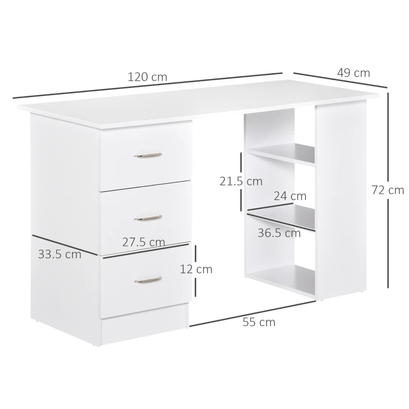 Modern White Computer Desk with 3 Storage Shelves & Drawers, Stylish Writing Table for Home Office, Silver Handle