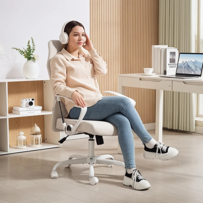 High Back Cream White Fabric Office Chair Ergonomic Design for Comfort