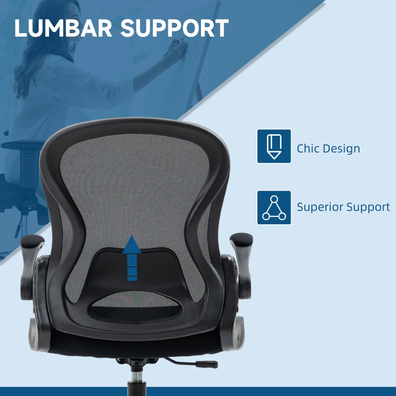 Vinsetto Adjustable Mesh Standing Desk Chair - Ergonomic with Flip-up Armrests, Lumbar Support & Adjustable Footrest - Black