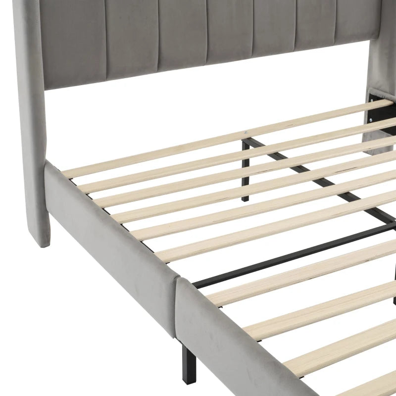 Double Upholstered Bed with Soft Backrest - Vertical Stripe Design, Metal Frame, Gray - 202L x 149W x 103H cm