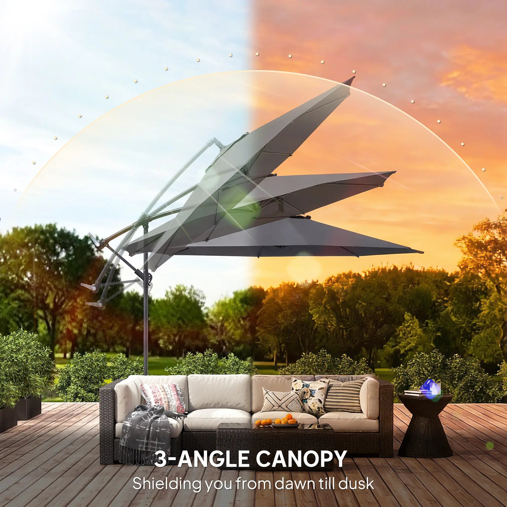 3m Overhang Cantilever Garden Parasol with Steel Frame, 8-Rib Support & Cross Base – Easy Crank Shade Umbrella (Grey)