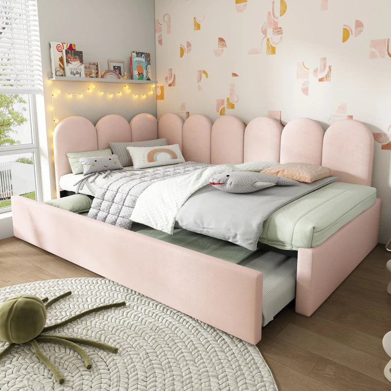 Pink Upholstered Daybed with Pull-Out Bed, 3FT Single Sofa Bed, Metal Slatted Frame, Easy Assembly, 193L x 97W x 76H cm