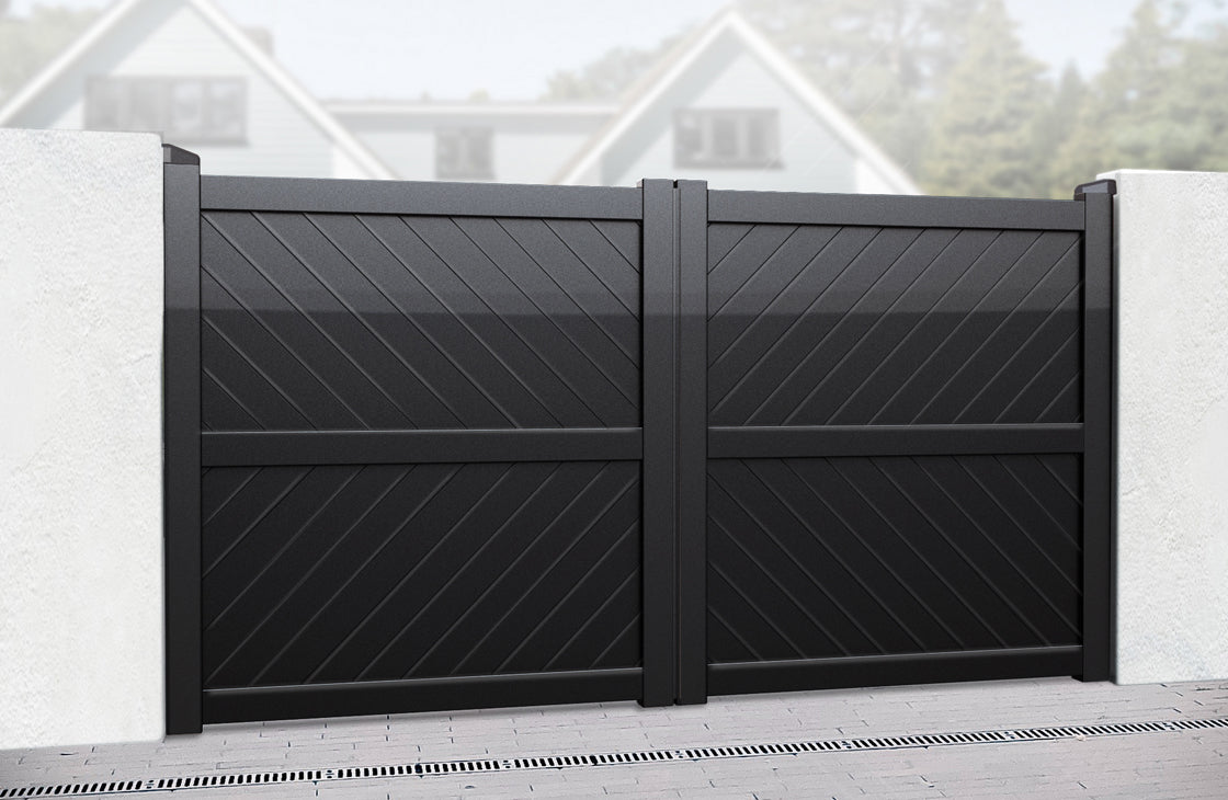 Readymade Aluminium Double Swing Driveway Gate - Diagonal Solid Infill