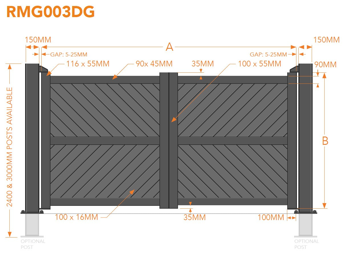 Readymade Aluminium Double Swing Driveway Gate - Diagonal Solid Infill