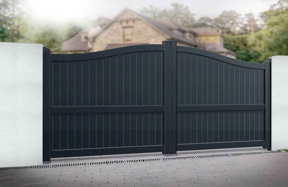 Readymade Bell Curved Top Aluminium Double Swing Driveway Gate - Solid Vertical Infill