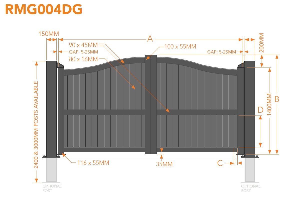 Readymade Bell Curved Top Aluminium Double Swing Driveway Gate - Solid Vertical Infill