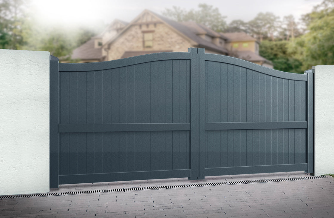 Readymade Bell Curved Top Aluminium Double Swing Driveway Gate - Solid Vertical Infill