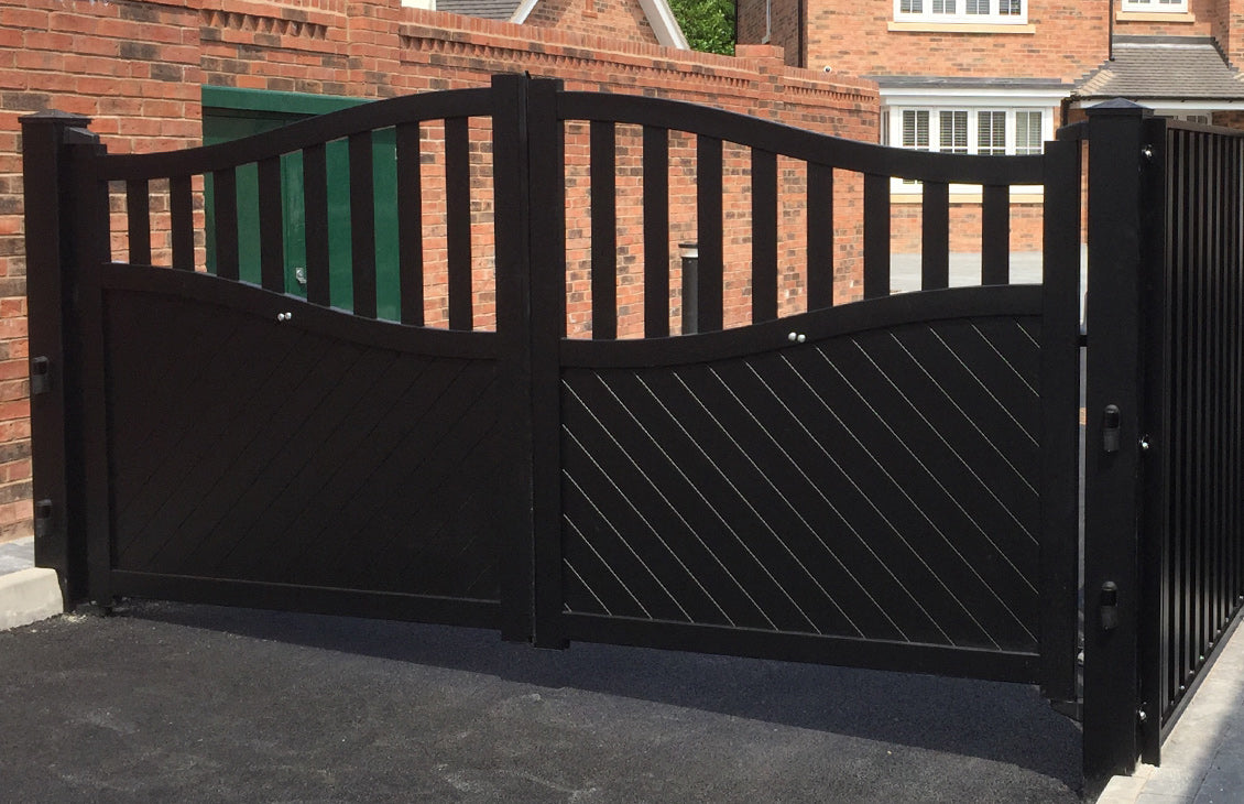 Readymade Bell Curved Top Aluminium Driveway Gates With Solid Diagonal Infill