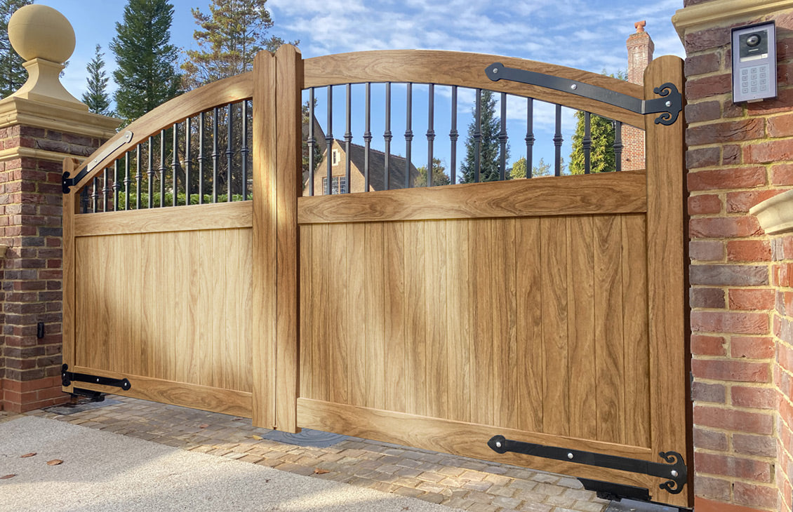 Wood Effect Aluminium Curved Double Swing Driveway Gate